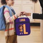 Personalized Cartoon Kid Character Portable Insulated Lunch Bag with Initial Name and Mesh Pocket Back to School Birthday Gift for Boys Girls