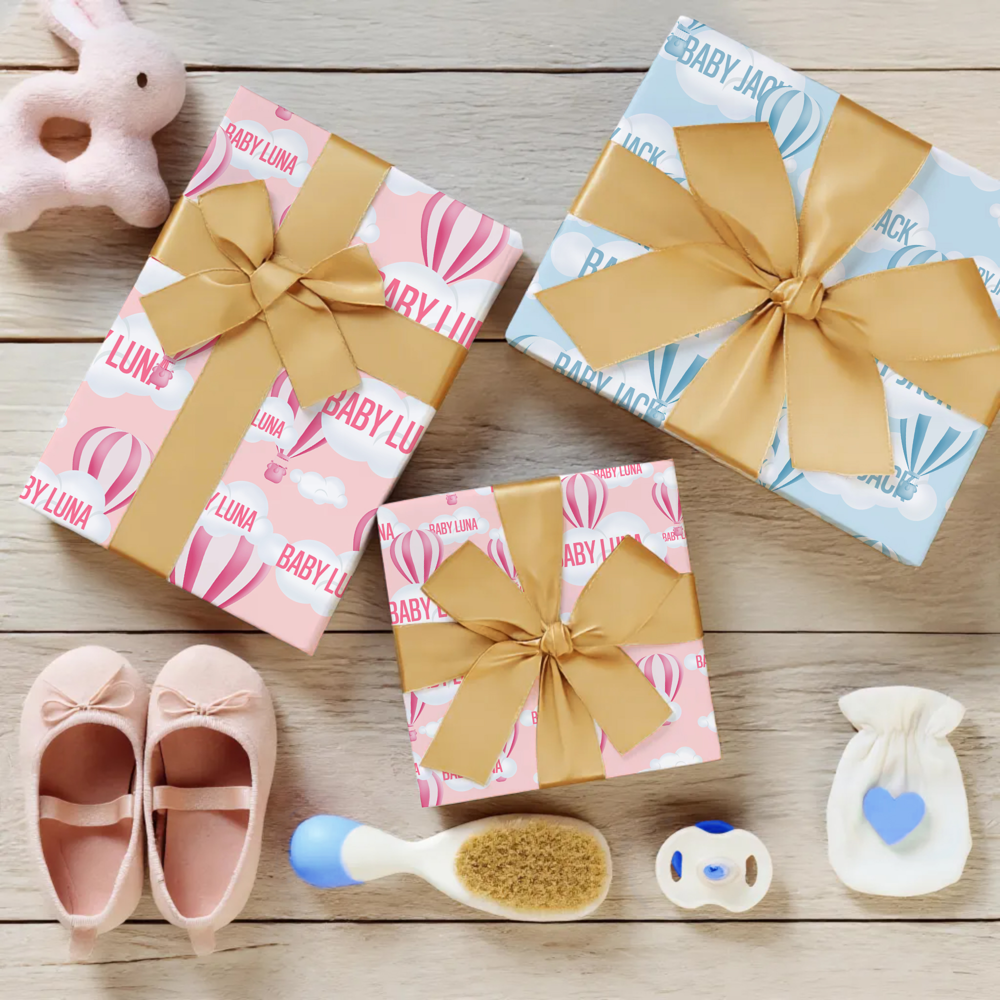 Papier d'emballage personnalisé montgolfière nuages avec nom Lot de 3 papier d'emballage pour la fête de la révélation du sexe pour la fête de la naissance pour les nouveaux parents