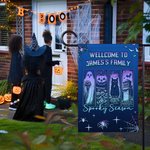 Personalised Spooky Season Gothic Ghost Black Cat Garden Flag with Name Yard Porch Outdoor Decor Halloween Gift for Family Friend