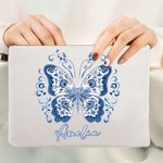 Personalized Blue Butterfly Linen Makeup Bag with Name and Wrist Strap Travel Essentials Wedding Birthday Gift for Female Bridesmaids
