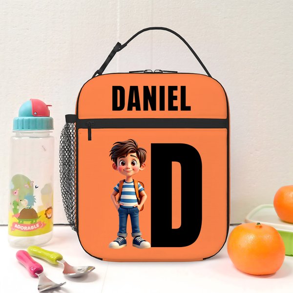Gepersonaliseerde Cartoon Kid Character draagbare geïsoleerde lunchtas met initiaal naam en mesh zak terug naar school verjaardagscadeau voor jongens meisjes