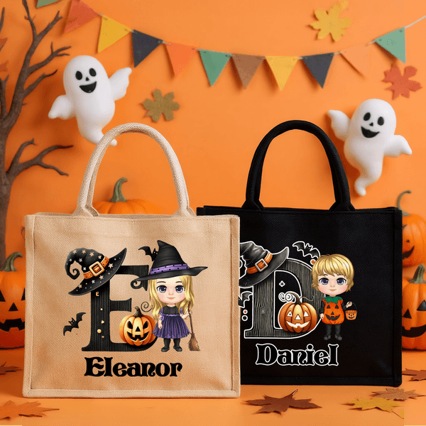 Gepersonaliseerde Leuke Vleermuis Cartoon Karakter Pompoen Grote Capaciteit Tote Bag met Naam en Initialen Halloween Party Verjaardagscadeau voor kinderen