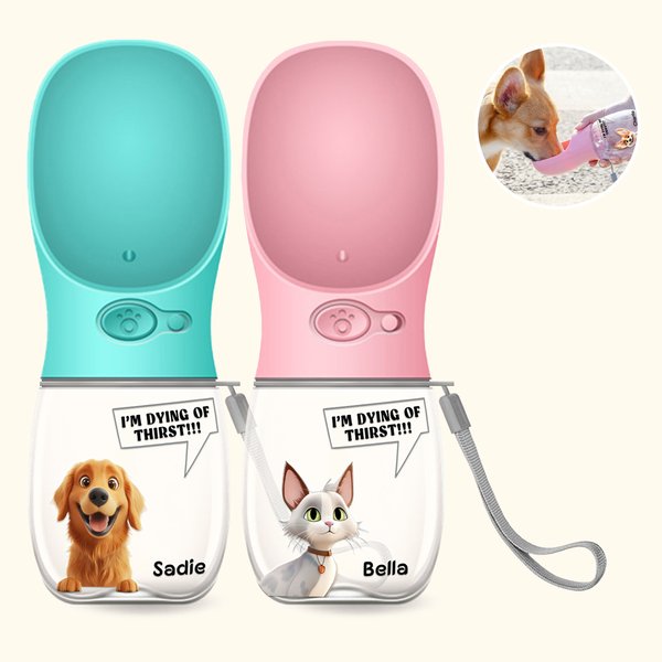 Personnalisé Cartoon 3D Dog Cat Design Pet Water Bottle with Drinking Feeder and Name Pet Outdoor Supplies Birthday Gift for Pet Owners