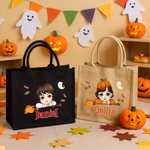 Personalized Halloween Broom Cartoon Character Large Capacity Tote Bag with Name Halloween Party Gift for Kids