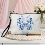 Personalized Blue Butterfly Linen Makeup Bag with Name and Wrist Strap Travel Essentials Wedding Birthday Gift for Female Bridesmaids