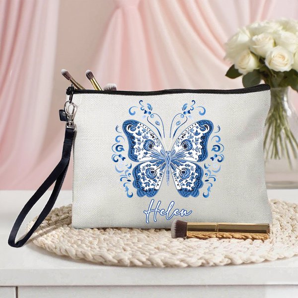Personalised Blue Butterfly Linen Makeup Bag with Name and Wrist Strap Travel Essentials Wedding Birthday Gift for Female Bridesmaids