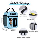 Personalized Cartoon Kid Character Portable Insulated Lunch Bag with Initial Name and Mesh Pocket Back to School Birthday Gift for Boys Girls