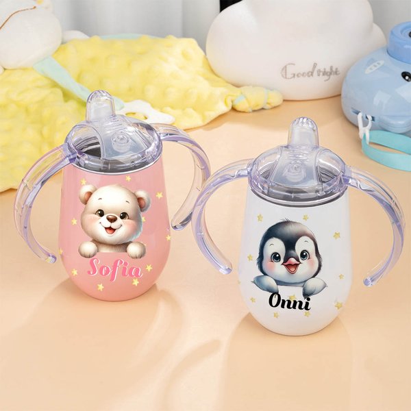 Personoitu eläinkuvio 295 ml lämpöeristetty juomapullo juomaputkella ja kahvalla nimellä vauvoille ja taaperoille syntymäpäivälahja