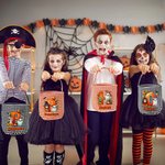 Personalized Cute Cartoon Character Pumpkin Trick or Treat Checkered Bag Candy Bucket with Name and Initial Halloween Party Gift for Kids