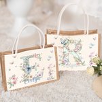 Personalized Watercolor Floral Butterfly Initial Reusable Jute Tote Bag with Name Wedding Bridal Shower Birthday Gift for Brides Bridesmaids Women