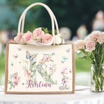 Personalized Watercolor Floral Butterfly Initial Reusable Jute Tote Bag with Name Wedding Bridal Shower Birthday Gift for Brides Bridesmaids Women