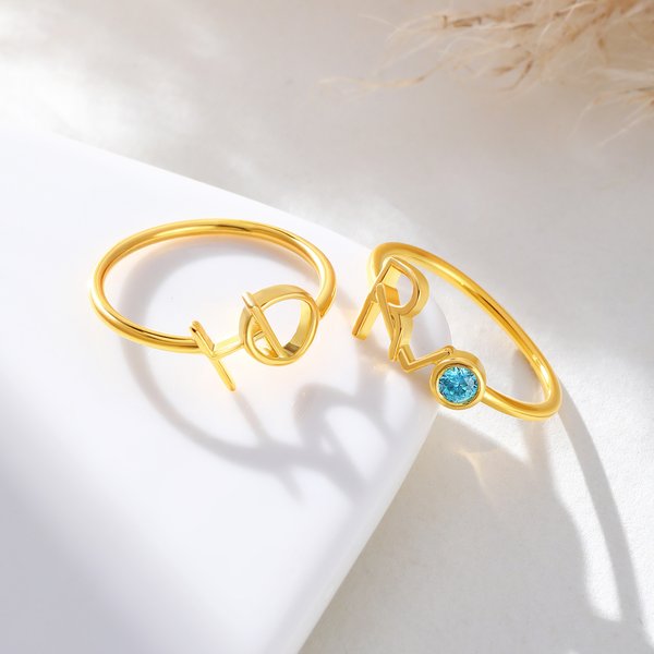 Personalized Dainty Interlocking Initial Ring with Birthstone Female Jewelry Anniversary Birthday Gift for Women