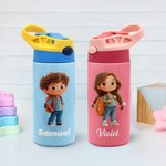 Gourde Isotherme 355 ml Personnalisée avec Motif Dessin Animé et Nom avec Paille et Couvercle Antifuite Cadeau de Rentrée pour Garçons et Filles