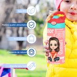 Bouteille d’Eau Isolante 355 ml Personnalisée avec Personnage de Dessin Animé et Nuage de Mots du Nom Cadeau de Rentrée Scolaire pour Enfants