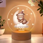 Veilleuse LED Personnalisée avec Motif d'Animal Nom Date et Socle en Bois Décoration de Chambre Cadeau Anniversaire Baby Shower pour Enfants