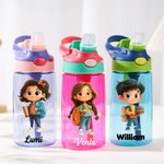 Personoitu sarjakuvahahmo 475 ml vesipullo juomapillillä ja roiskeensuojakannella nimellä pojille ja tytöille syntymäpäivä ja koulunaloituslahja