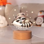 Veilleuse LED Personnalisée avec Motif d'Animal Nom Date et Socle en Bois Décoration de Chambre Cadeau Anniversaire Baby Shower pour Enfants