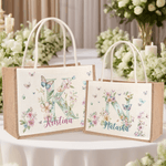 Personalized Watercolor Floral Butterfly Initial Reusable Jute Tote Bag with Name Wedding Bridal Shower Birthday Gift for Brides Bridesmaids Women