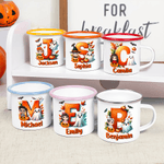 Personalized Cartoon Witch Character Pumpkin 12 oz Enamel Cup with Name and Initial Halloween Party Gift for Kids
