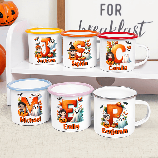Personalised Cartoon Witch Character Pumpkin 12 oz Enamel Cup with Name and Initial Halloween Party Gift for Kids