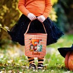 Personalized Cute Cartoon Character Pumpkin Trick or Treat Checkered Bag Candy Bucket with Name and Initial Halloween Party Gift for Kids