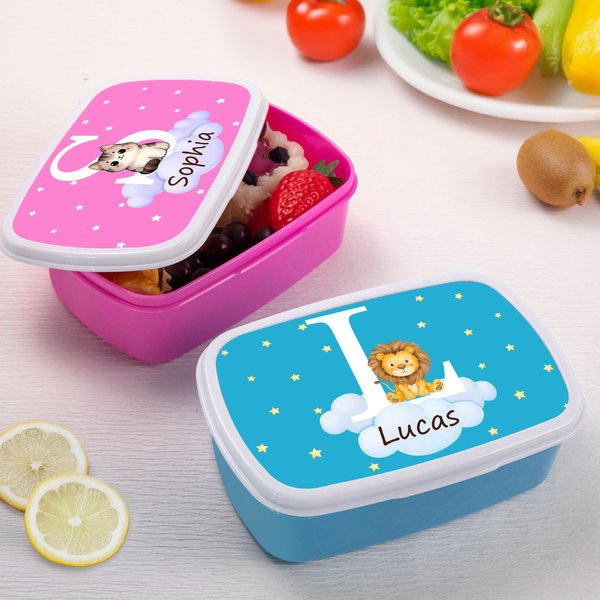 Fiambrera de calidad alimentaria personalizada con nombre e inicial Nube de estrellas de animales multicolor Regalo de vuelta al cole para niños Niñas