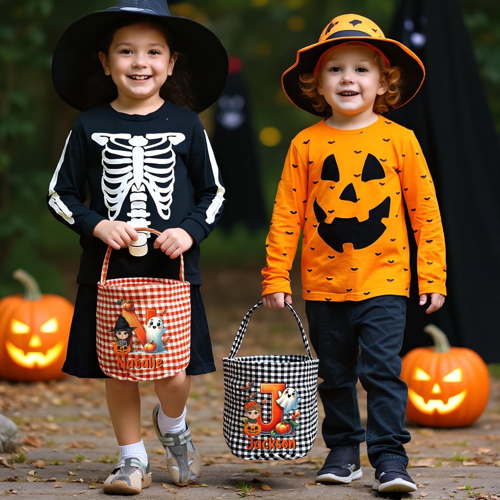Personalizzato Carino personaggio dei cartoni animati Zucca dolcetto o scherzetto Borsa a scacchi Secchiello per caramelle con nome e iniziali