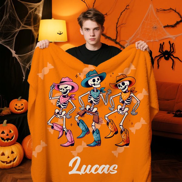 Personalised Gothic Ghost Skeleton Pumpkin Soft Throw Blanket with Name Home Decor Halloween Party Birthday Gift for Friend Family