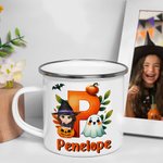 Personalized Cartoon Witch Character Pumpkin 12 oz Enamel Cup with Name and Initial Halloween Party Gift for Kids
