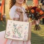 Personalized Watercolor Floral Butterfly Initial Reusable Jute Tote Bag with Name Wedding Bridal Shower Birthday Gift for Brides Bridesmaids Women