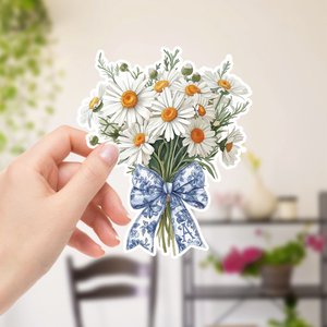 Personalized Birth Flower Blue Bow Bouquet Waterproof Sticker with Initial Birthday Daily Use Gift for Book Lovers