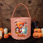 Personalized Cute Cartoon Character Pumpkin Trick or Treat Checkered Bag Candy Bucket with Name and Initial Halloween Party Gift for Kids