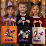 Personnalisé Thème Halloween Initiale Personnage Cartoon Citrouille Sac en toile réutilisable avec nom Cadeau de fête Halloween pour garçons filles