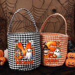 Personalized Cute Cartoon Character Pumpkin Trick or Treat Checkered Bag Candy Bucket with Name and Initial Halloween Party Gift for Kids