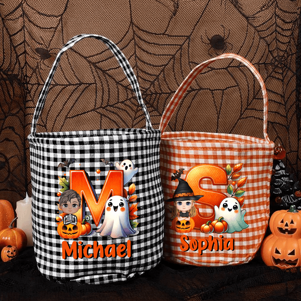Personalised Cute Cartoon Character Pumpkin Trick or Treat Checkered Bag Sweets Bucket with Name and Initial Halloween Party Gift for Kids