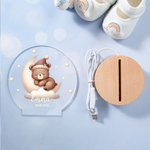 Veilleuse LED Personnalisée avec Motif d'Animal Nom Date et Socle en Bois Décoration de Chambre Cadeau Anniversaire Baby Shower pour Enfants
