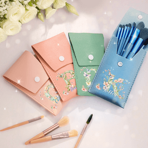 Personalised Floral Butterfly Initial PU Leather Makeup Brush Bag Set with Name and 8 Pcs Makeup Brushes Travel Essentials Birthday Gift for Women