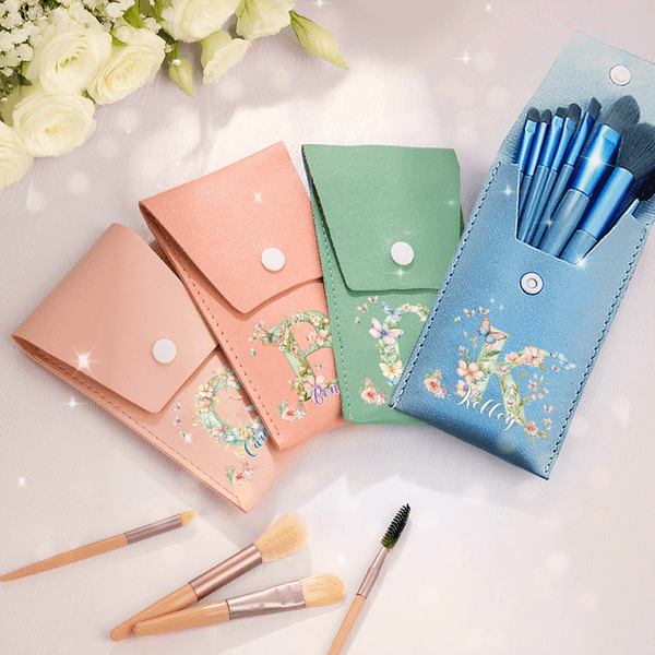 Personalised Floral Butterfly Initial PU Leather Makeup Brush Bag Set with Name and 8 Pcs Makeup Brushes Travel Essentials Birthday Gift for Women
