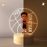 Personalised Cartoon Basketball Character Round LED Night Light with Name Number and Wooden Base Desk Decor Birthday Gift for Him