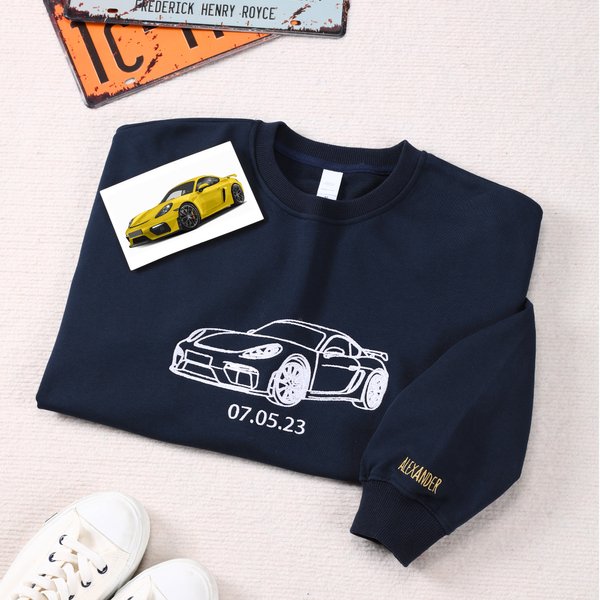 Personalized Iconic Car Motocycle Embroidered Photo T-shirt Sweatshirt Hoodie with Text Birthday Anniversary Gift for Car Owners