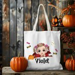 Personalized Magic Broom Ghost Candy Halloween Cartoon Character Canvas Bag with Name Halloween Party Gift for Boys Girls