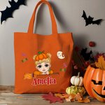 Personalized Magic Broom Ghost Candy Halloween Cartoon Character Canvas Bag with Name Halloween Party Gift for Boys Girls