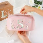 Personalized Watercolour Floral Initial PU Leather Wide Opening Makeup Bag with Name Travel Essential Wedding Gift for Bestie Bridesmaid