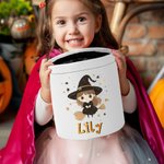 Personalizado Cute Bruja Escoba Estrellas Luna Kid Trick or Treat Bolsa de caramelos Cubo con el nombre de Halloween Fiesta de Favores para las niñas