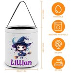 Personalizado Cute Bruja Escoba Estrellas Luna Kid Trick or Treat Bolsa de caramelos Cubo con el nombre de Halloween Fiesta de Favores para las niñas