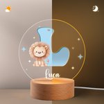Personlig LED-nattlampa med namn och initialer för söta tecknade djur och träbas Barnkammardekoration Födelsedagspresent för barn