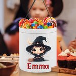 Personalizado Cute Bruja Escoba Estrellas Luna Kid Trick or Treat Bolsa de caramelos Cubo con el nombre de Halloween Fiesta de Favores para las niñas