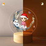 Personalized Moon Floral Santa Hat Cartoon Character LED Night Light with Name and Wooden Base Birthday Christmas Gift for Family Kids