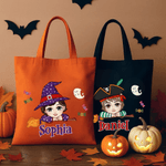 Personalized Magic Broom Ghost Candy Halloween Cartoon Character Canvas Bag with Name Halloween Party Gift for Boys Girls