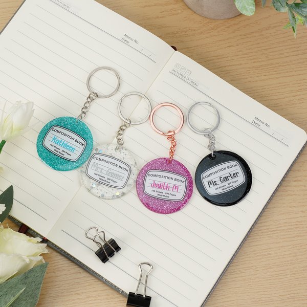 Personalised Glitter Composition Book Acrylic Keychain with Text Appreciation Week Back to School Birthday Gift for Teachers Educators